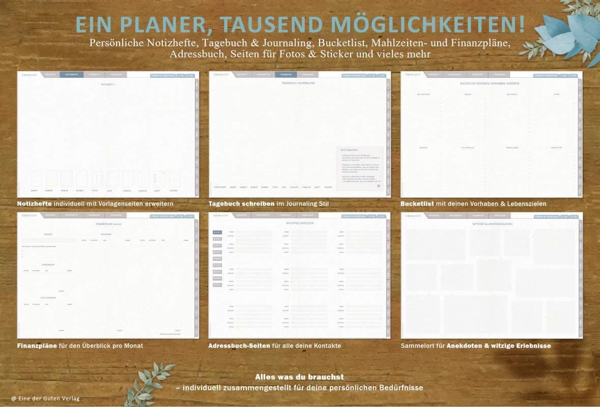 Digitaler Terminplaner für 2023 zum Download, individuell gestaltbar, mit Notizheften, Tagebuch, Bucketliste, Finanzplan, u.v.m.